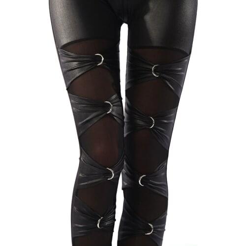 Women high street fashion imitation leather leggings gothic metal ring bow striped cross pants slim fitted rivet disco pant