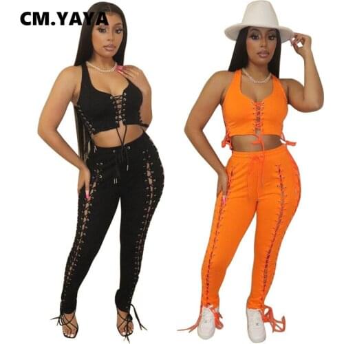 CM.YAYA Active Lace Up Hollow Out Sweatsuit Womens Set Tank Crop Tops and Pants Tracksuit Matching Two Piece Set Fitness Outfit
