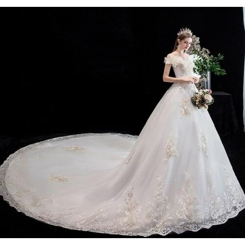 Sexy Boat Neck Off The Shoulder 2021 New Wedding Dress Lace Embroidery Flower Plus Size Princess Slim With Train Bridal Gown L