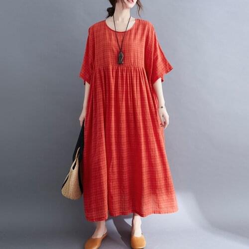 One Piece Oversize Woman Dress Plus Size Cotton Linen 4XL 5XL 6XL For Women Big Size Vintage Plaid Boho Beach Maxi Summer Dress