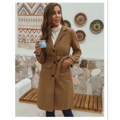 Womens Coat Winter Europen Style Long Woolen Coat with Belt Turn-down Collar Solid Pocket Women Casual Trench Coat Female