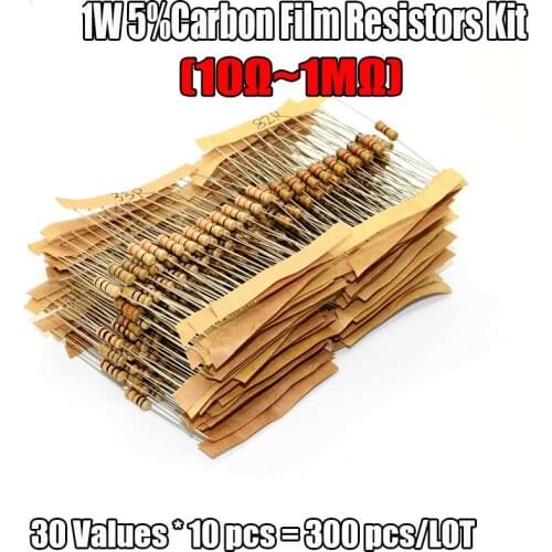 300PCS 1W 5% 10-1M Ohm 30 Values*10PCS Resistor Carbon Film Resistor Assorted Kit