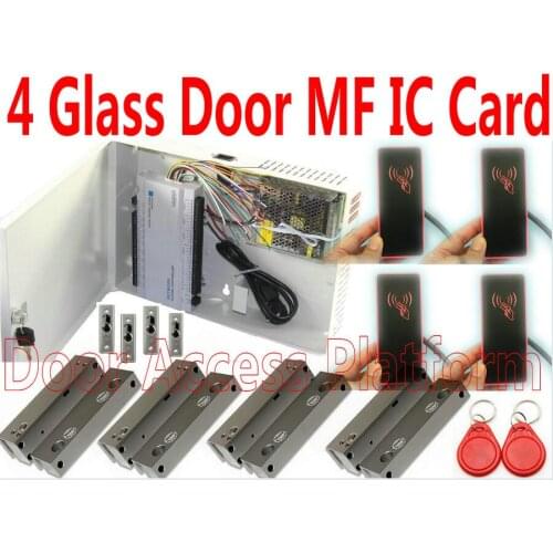 4 Glass Door Frameless Lock MF-IC Card Double-Way RFID IC MF Card Control Web Access control PCB +4 Exit button IP Network kit
