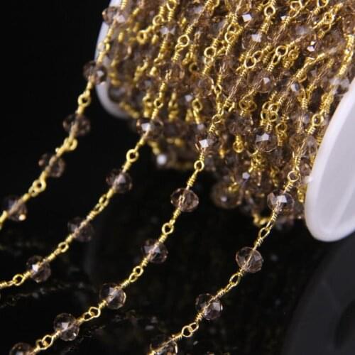 5Meters 4x6mm Smoky Quartz Glass Faceted Rondelle Bead Rosary Chains Supplies,Gold Plated Wire Wrapped Chains Necklace Jewelry