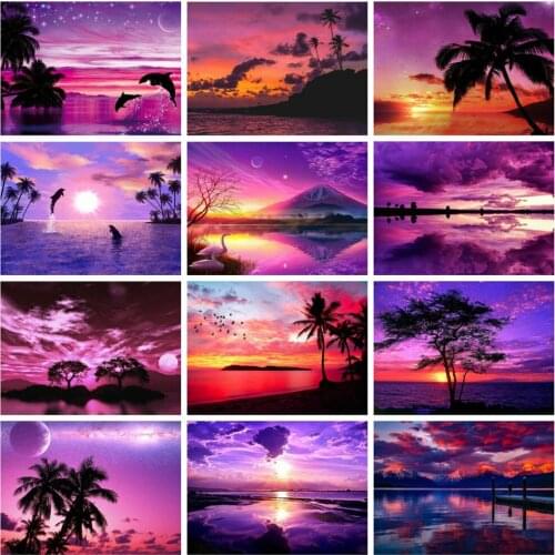 Huacan Full Diamond Embroidery Sunset Seaside 5D Diamond Painting Landscape Mosaic Cross Stitch Set Bedroom Decoration