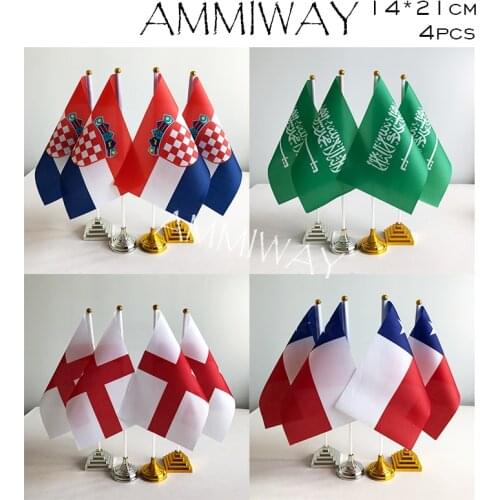 AMMIWAY 14x21cm 4pcs Croatia Croatian Saudi Arabia Table Flags England Chile World Country Desk Flag with Plastic Base Stand