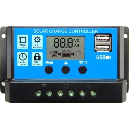 60A/50A/40A/30A/20A/10A 12V 24V Auto Solar Charge Controller PWM Controllers LCD Dual USB 5V Output Solar Panel PV Regulator