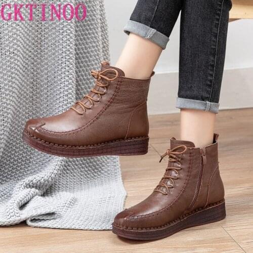 GKTINOO Winter Women Rubber Boots Ladies Genuine Leather Shoes for Women Wedges Ankle Boots Female Solid Retro Botas De Mujer