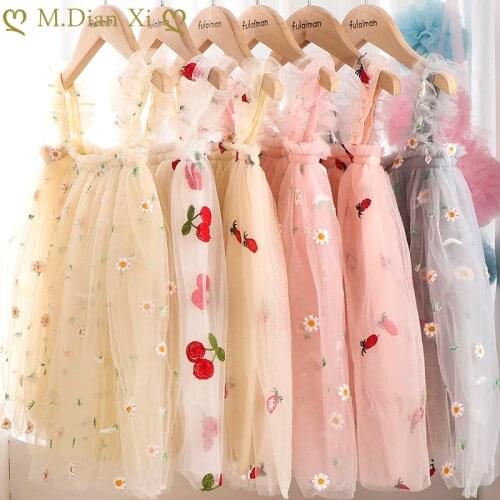 Baby Girls Dresses Kids Summer Sleeveless Strap Princess Dress Embroidered Sweet Yarn Children Clothes Girl Casual Sundress 1-6Y