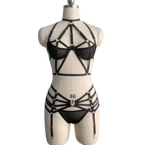 Black Body Harness Set Women Crop Top Body Cage Mesh Harness Bra Rave Bondage Leg Garters Belt Punk Translucent Mesh G-String