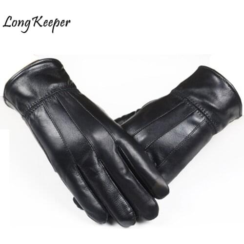 Hot!! Mens Genuine Leather Gloves Real Sheepskin Black Touch Screen Gloves Fashion Luxury Brand Winter Warm Mittens Mens Luvas