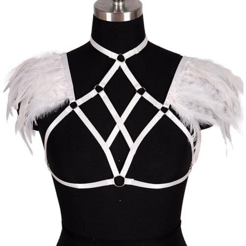 Goth Harness Fashion Bdsm Body Belts Gothic Clothes Natural Feather Womens Underwear Sexy Lingerie Harness Bra Stockings Garter
