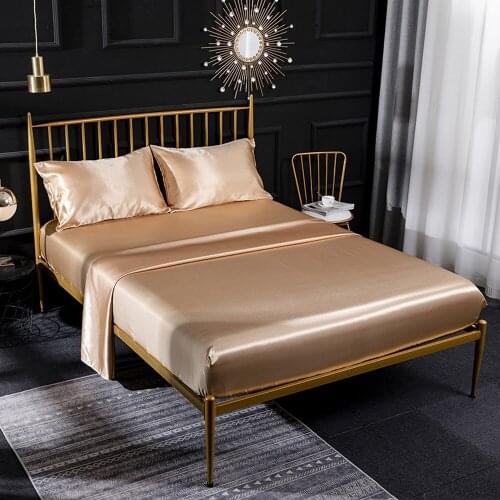 Imitated Silk Flat Sheet+Fitted Sheet+Pillowcase Bedding Cover Set Soft Bed Linens Single/Double/King/Super King Size Golden