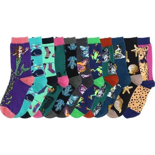 PEONFLY Women Socks Harajuku Combed Cotton Cute Happy Cartoon Pink Sweet Funny Novelty Kawaii Cat Dog Mermaid Sokken For Gift