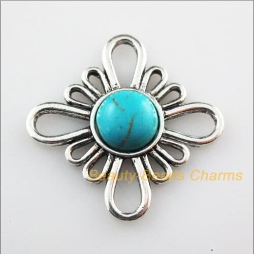 New 6Pcs Retro Tibetan Silver Color Flower Stone Charms Connectors 31mm