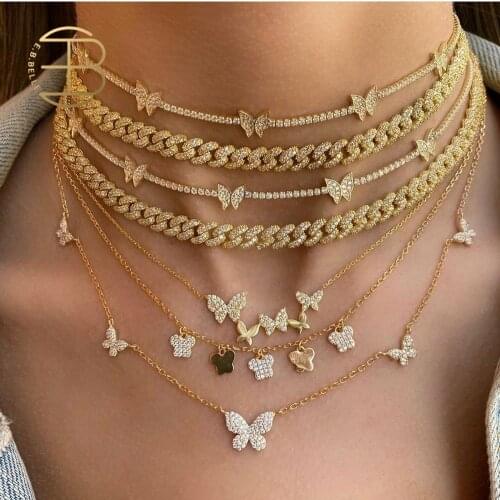 Luxury 18K Gold Plated Cubic Zirconia Blingbling Butterfly Necklaces For Women Full Crystal Butterfly Choker Necklace In Gold