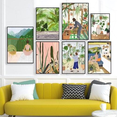 Nordic Fashion Girl Plants Leaves illustration Posters Wall Art Canvas Painting Modern Wall Print Pictures for Living Room Decor