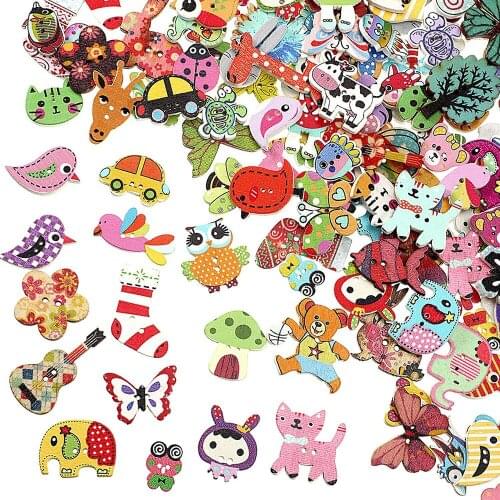Mixed 50pcs Assorted Cartoon Wooden Buttons 2 Holes for Handmade Scrapbooking Sewing DIY Craft Decoration Accessories
