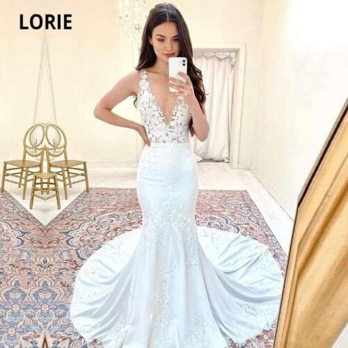 LORIE Mermaid Wedding Dresses Boho V-Neck Appliques Lace Custom Made Long White Ivory Wedding Bridal Gown suknia slubna