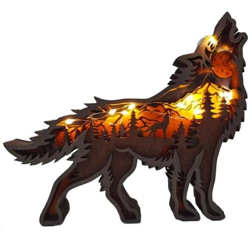 Christmas Decoration Wooden Hollowed Small Wolf LED Light Cute Desktop Ornaments Home Decor Accessories