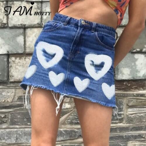 Harajuku y2k Heart Printed Mini Denim Skirt Women High-waisted Straight Korean Fashion Ripped Jean Skirts Summer Outfit Iamhotty