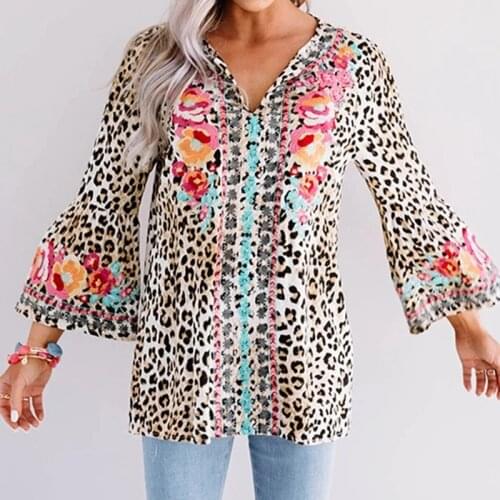 Summer New Style Womens Casual Loose V-neck Long-sleeved Shirt Polyester Leopard Print Plus Size Shirt Streetwear Women Shirts