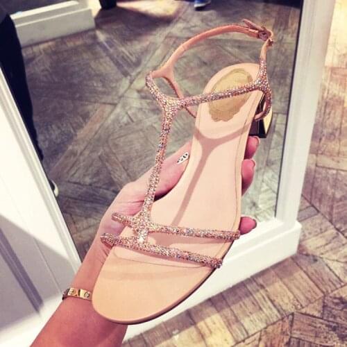 Koovan Womens Sandals 2020 Summer New Super Star Thick-heeled Rhinestone Sandals Strap Open-toed Sandals Woman Shoes