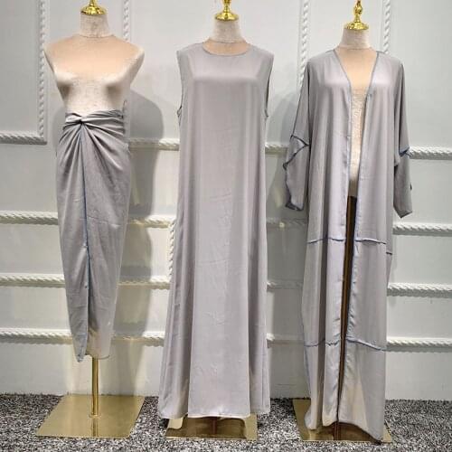 Women Solid Color Abaya Islamic Ramadan Dubai Kaftan Muslim Hijab Dress Arabic Open Kimono+Dress+Wrap Turkey Middle East Clothes