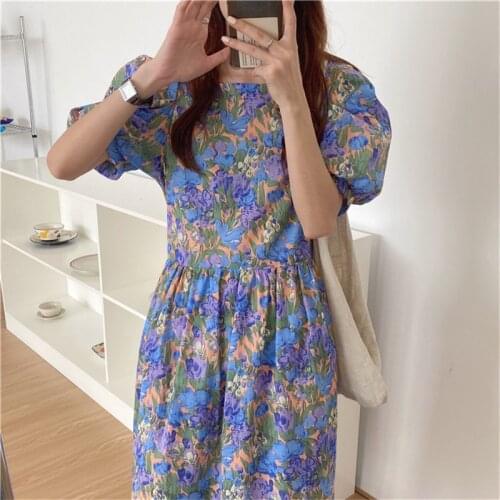 2021 Free Shiping Women Summer New Floral Casual Chic Fashion Loose Puff Sleeves Mid-length V-neck Elegant Ladies Dresses