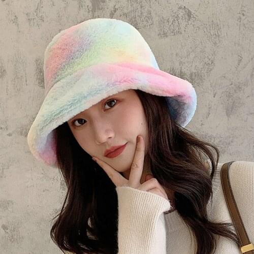 Faux Fur Winter Bucket Hat For Women Girl Fashion Rainbow Soft Warm Fishing Cap Outdoor Vacation Hat Cap Lady Girls Panama Caps