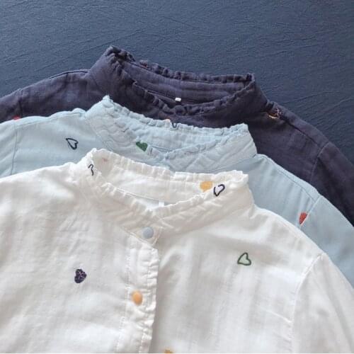 2020 new Japanese small fresh and sweet love embroidery cotton long sleeve shirt