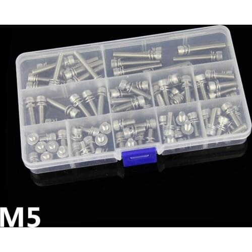 88pcs M5 Screw 304 Stainless Steel Hexagon Screw Bolt with Washer Spring Pad Flat Pad Kit One Box