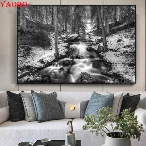 DIY 5D Diamond Embroidery White And Black Waterfall Forest Landscape Full Square Drill Diamond Painting Mosaic Home Decoration