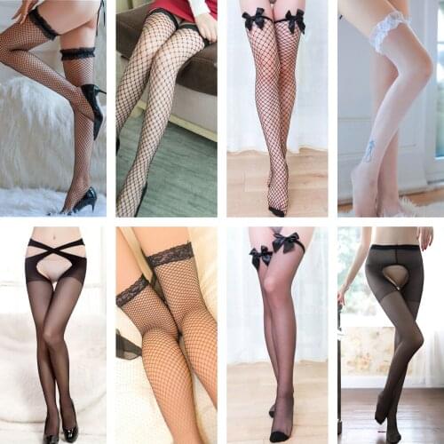 Fishnet Stockings Sexy Bowknot Thigh High Over-the-Knee Lace Socks See-through Body Stocking Open Crotch Sex Pantyhose for Women