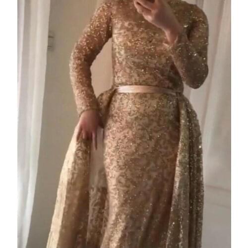 Sparkly Long Sleeves Gliter with Train Evening Gowns 2020 Dubai Fashion Mermaid Luxury Evening Dress