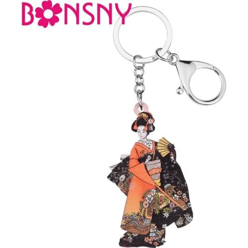 Bonsny Acrylic Sweet Japan Fan Kimono Girl Doll Keychains Ring Trendy Purse Car Key Chain Charms Gifts Jewelry For Women Girls