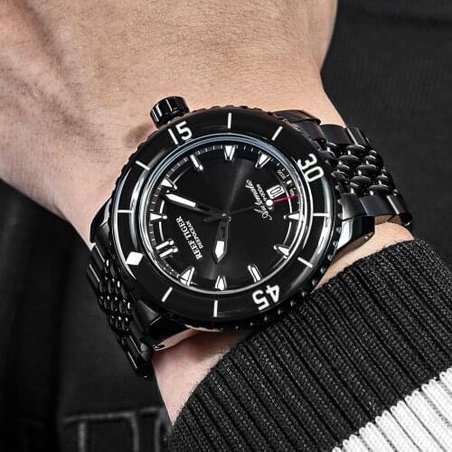 Reef Tiger/RT New Arrival Men Mechanical Dive Top Brand All Black Sapphire Crystal Bracelet Luminous Waterproof Watches RGA3035