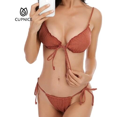 CUPNICE 2021 New Beach Bikini Swimwear Sexy Triangle Bag Strap Split Swimsuit Female Solid Color Show Figure Clothing