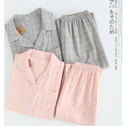 New Women Pajamas Long-sleeved 100% Cotton Gauze Pajamas Set Unisex Autumn Plaid Trousers Suit Men Sleep Sleepwear Home Clothes