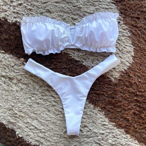 2021 New Fashion Ladies Solid Color Swimsuit Sexy Low Waist Tube Top Halter High Elasticity Split Two-piece Swimsuit Bikini Set