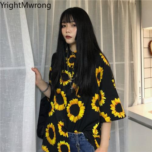 Sun Flower Print Pocket Oversized Top Shirt Woman Man Korean Streetwear Retro Blouse Harajuku Short Sleeve Outfit Blusas Hawaii