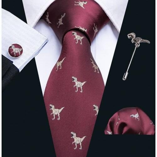 Lapel Pin Red Gold Dinosaur Mens Neckties Handkerchief Cufflinks Set 8.5cm Neckpin Business Silk Ties For Men Barry.Wang Design