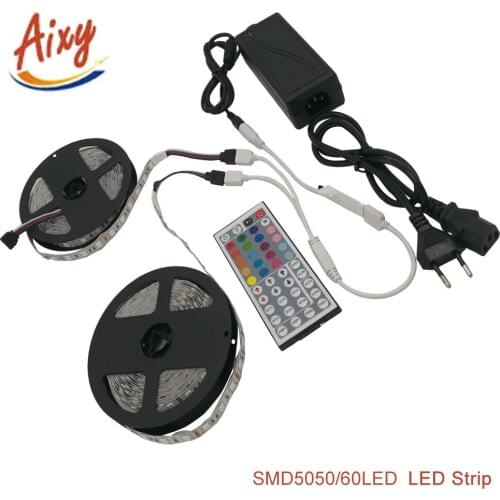 RGB Led Strip 5050 SMD Waterproof/Non waterproof 60LED/M DC12VLED Light 5M 10M 15M +44 Keys Remote Controller+12V Power Adapter