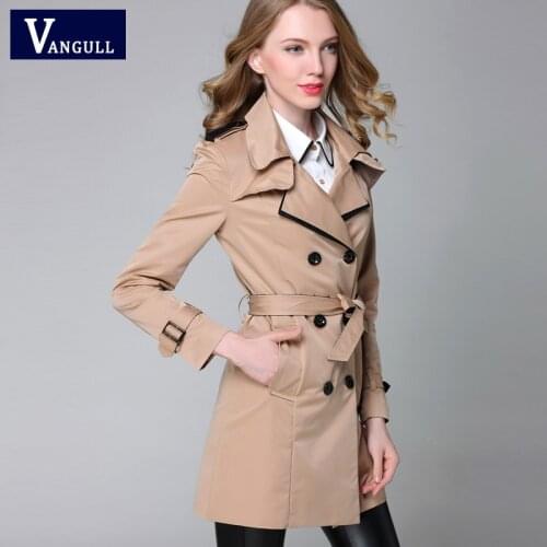 Vangull Fashion Design Women Trench Jacket Long Sleeve Classic Belt Trench Double Breasted Female Slim Patchwork Trench Coat