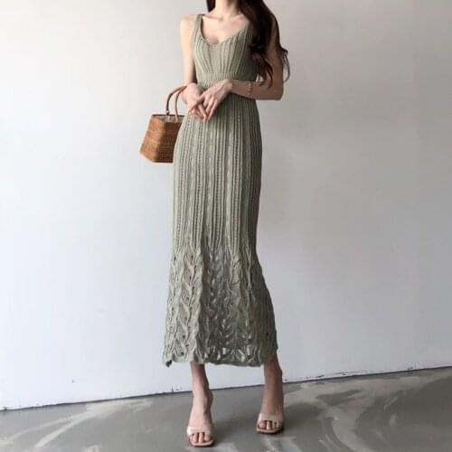 Summer Style Crochet Hollow Out Knitting Dress Women Sexy V-neck Spaghetti Strap Dress Female Pullovers Slim Waist Knitted Dress