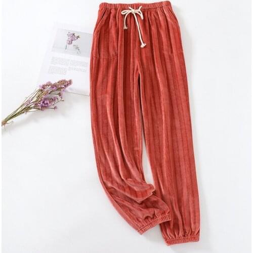 JULYS SONG Long Sleep Bottoms for Women Warm Winter Flannel Pajamas Loose Solid Elastic Waist Pants Female Homewear