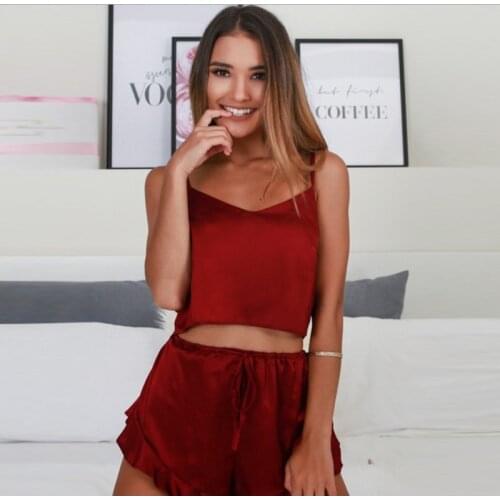 2021 Summer Women Sexy Pajamas Silk Solid Color Sleepwear V-neck Sling Tank Top +shorts Sleepwear Pyjamas Suit Set
