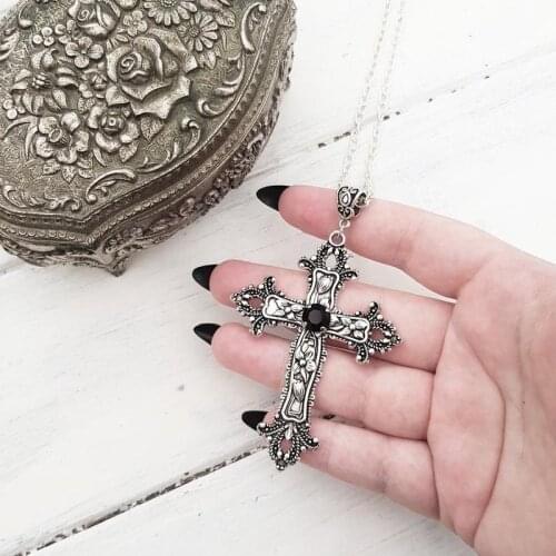 Goth Large Detailed Cross Black Drill Jewel Necklace Tone Pendant Punk Gorgeous Jewellery Fashion Charm Statement Women Gift