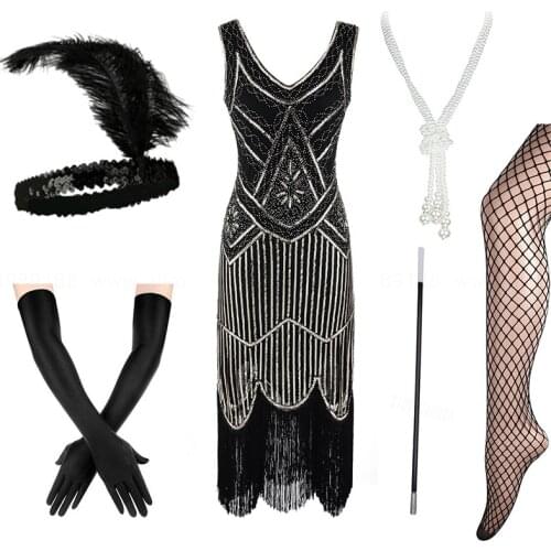 Plus Size 4XL Womens Flapper Dresses 1920s Sequin Beaded Fringed Great Gatsby Dress w/Accessories Set XS-XXXXL