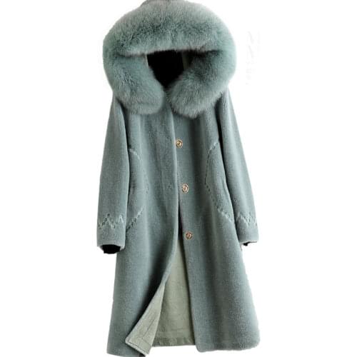 Real Wool Blend Fur Coat Fox Hoody Winter Women Overcoat LF2124